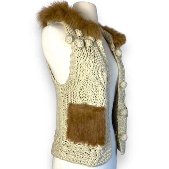 Hooded Boho Macrame Crochet Chunky Sweater Vest w Removable Faux Fur Collar Trim - Picture 4 of 9